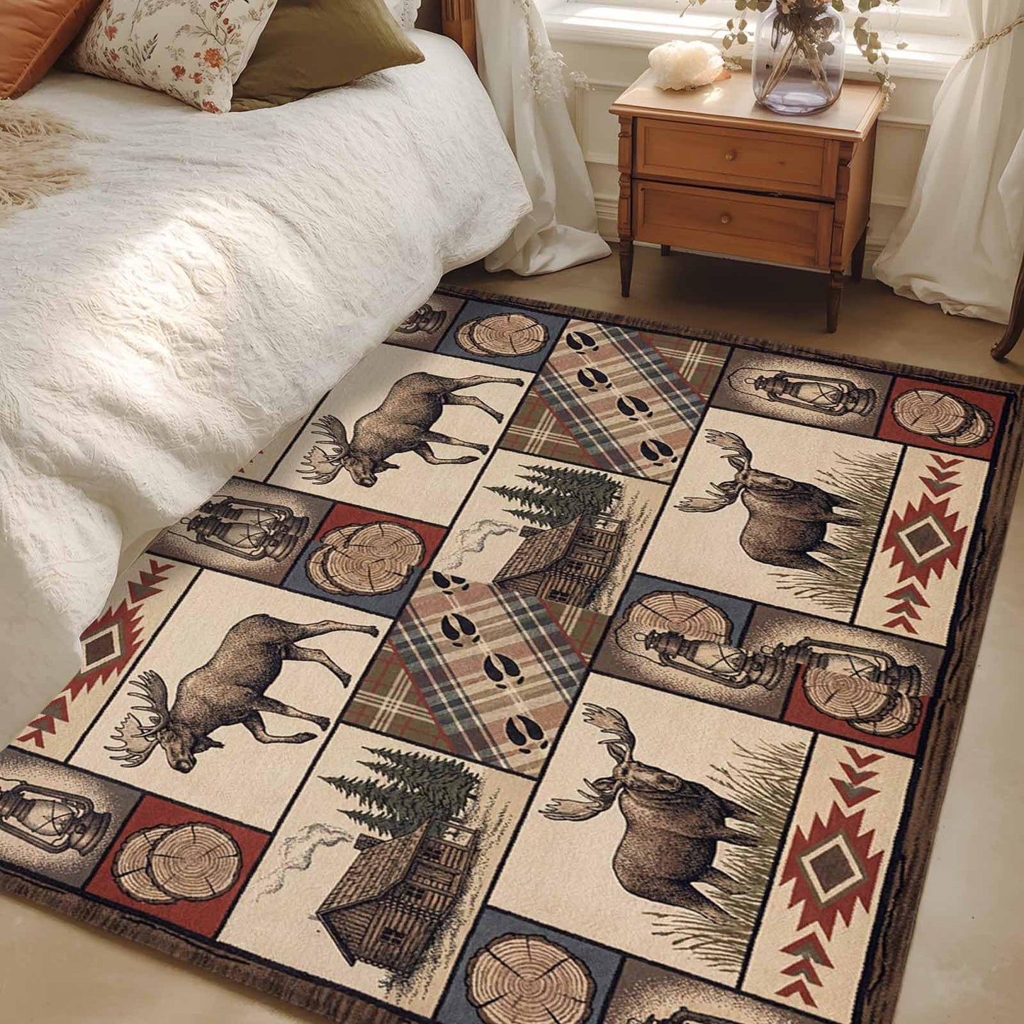 Country Style Washable Rug 4x6 Farm Buck Wooden House Aztec Plaid Patchwork Area Rugs for Living Room Non Slip Non Shedding Floor Carpet Low-Pile Rug for Kitchen Bedroom Entryway Office