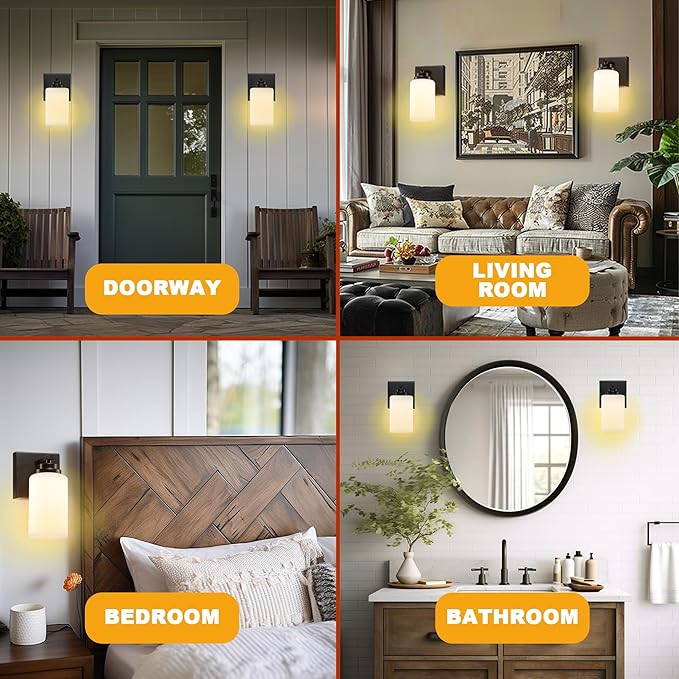 Wall Sconces with Switch Set of Two, Bedside Wall Lamps for Bedroom, Modern Bathroom Light Fixtures with Milk Glass Shade, Black Sconces Wall Lights for Hallway, Living Room, Kitchen
