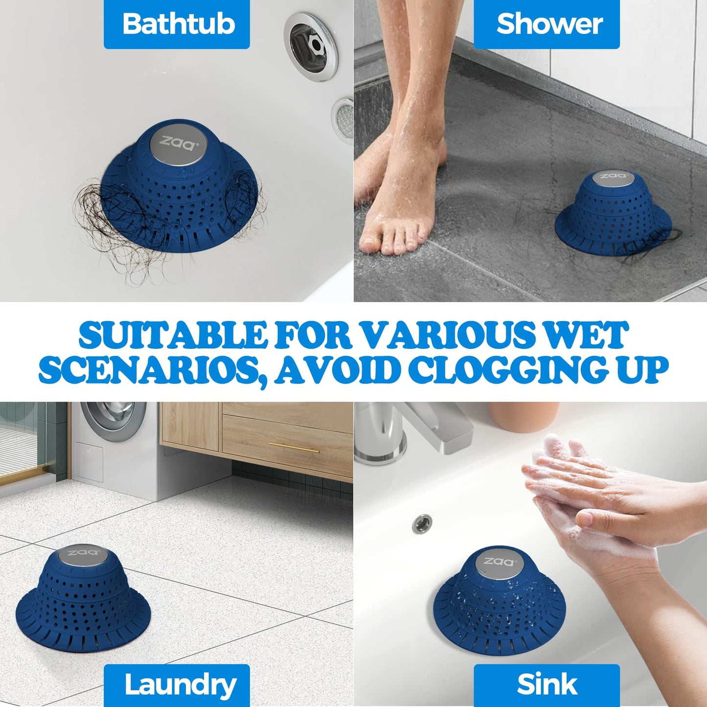 Bathtub Drain Hair Catcher, Silicone Collapsible 1 Pack Drain Protector for Pop-Up and Regular Drains of Shower, Bathtub, Tub, Bathroom, Sink, Dark-Blue