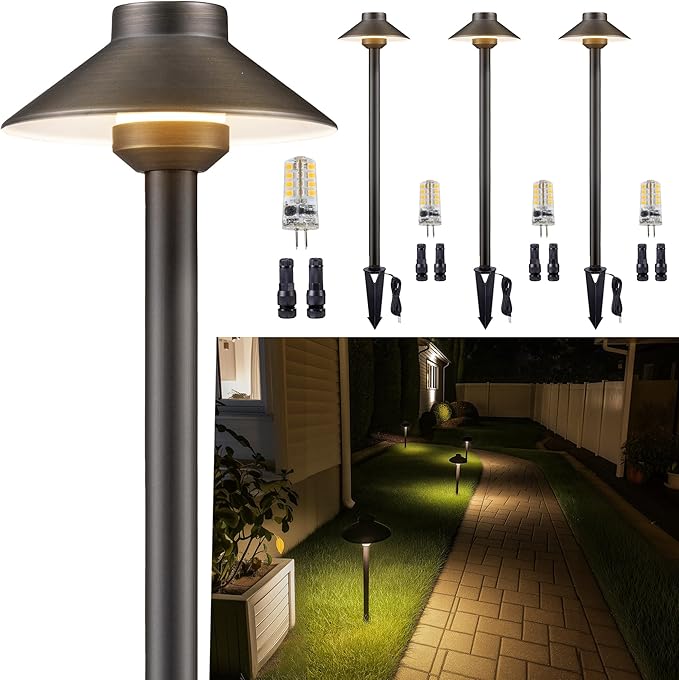 Gardenreet Low Voltage Landscape Lighting Brass, 12v Pathway Lights Waterproof, Hard Wired Path Light Outdoor, Bronze for Exterior Area Patio House with 3W 270LM 3000K Warm White G4 Bulb (4 Pack)