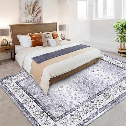 GarveeHome Washable Vintage Boho Floral Gray Rug - 5'x7' Soft Faux Wool Low Pile Stain Resistant Carpet for Living Room, Bedroom, Office, Nursery, Dining Room
