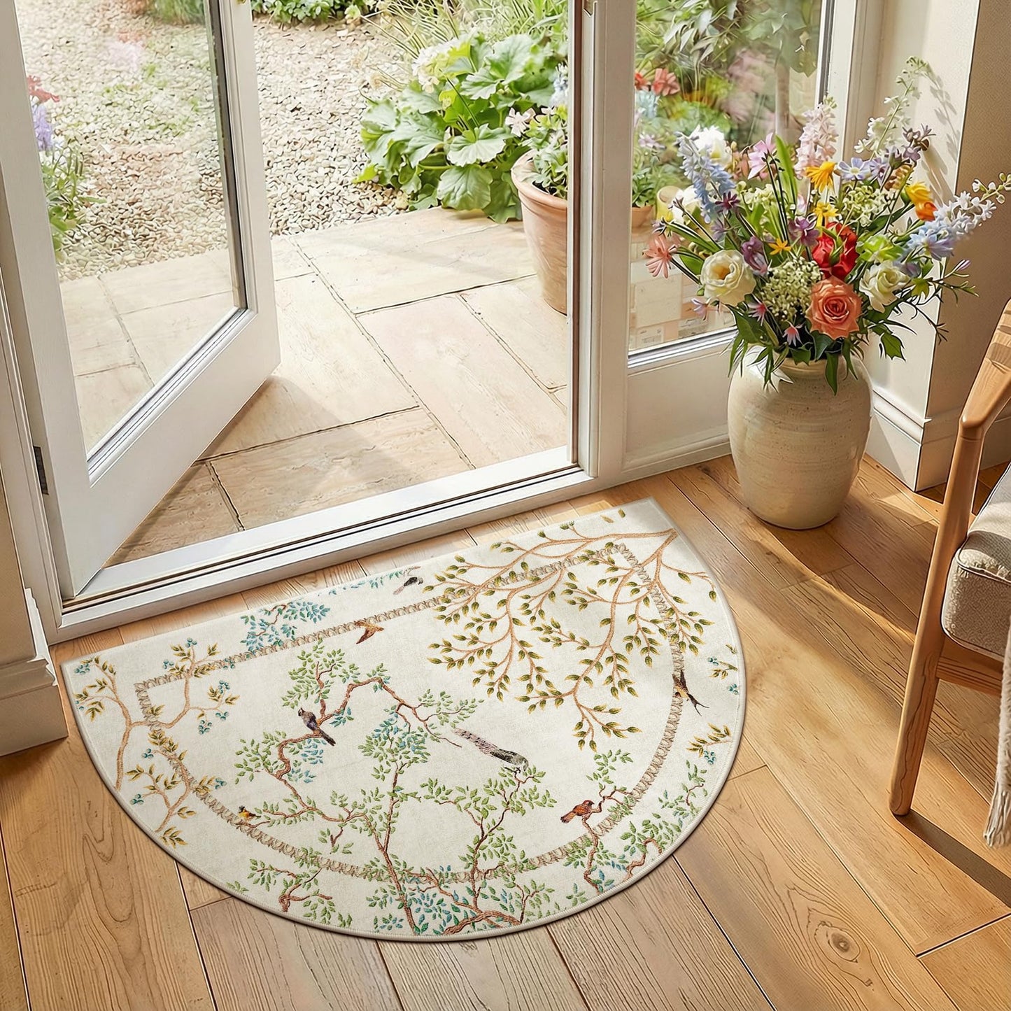 jinchan Yarden Washable Small Area Rug, 2x3 Half Circle Nature Plants Entryway Rug, Low Pile Doormat Soft Non Slip Dirt Trapping Carpet for High Traffic Kitchen Bathroom Vanity, Natural Ivory