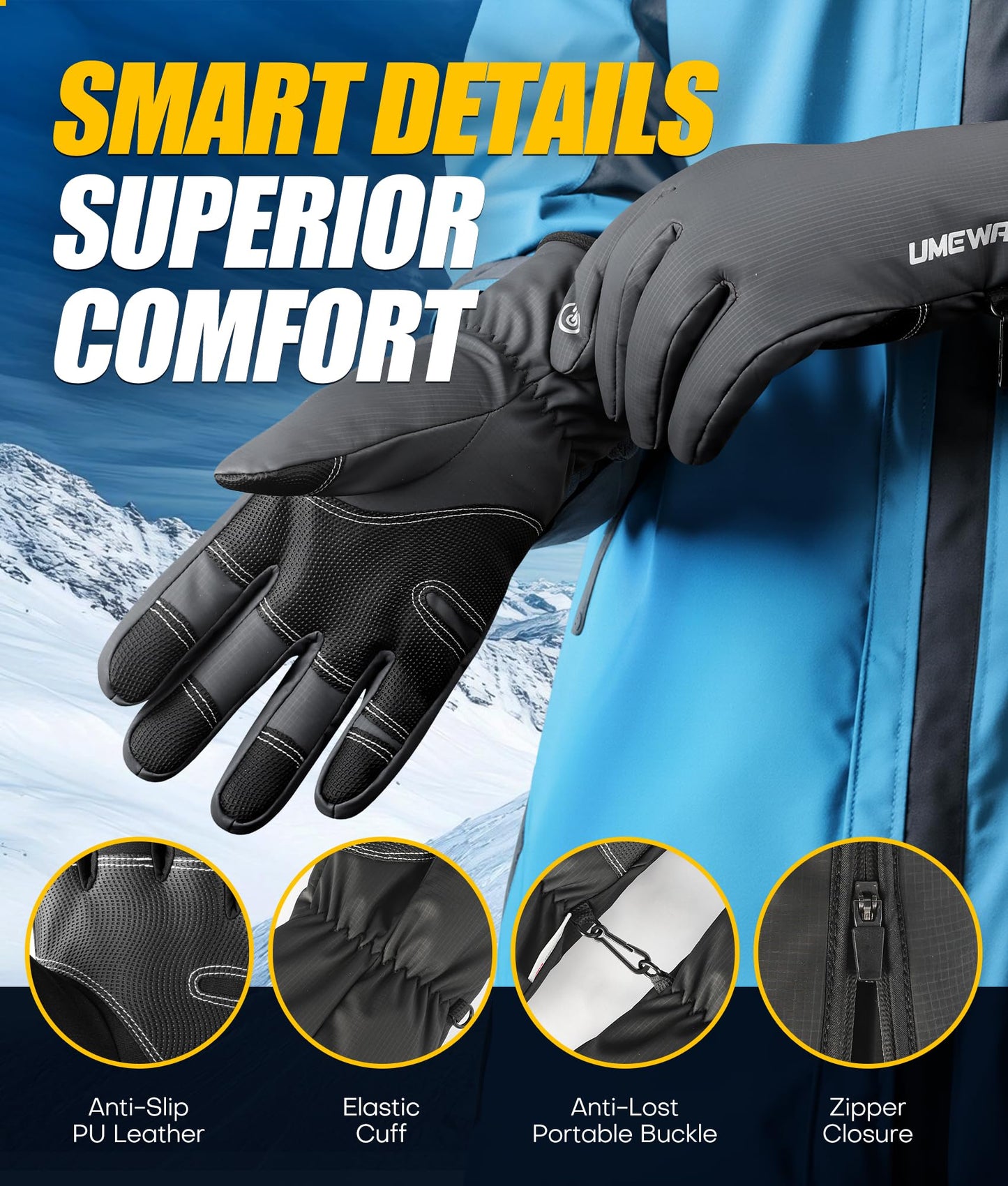 Winter Gloves Men Women Made with 3M Insulation, -20°F GEANI-TEX™ Waterproof Ski Gloves for Cold Weather, 5-Layer Thermal Snow Gloves, 10 Touchscreen Fingers Snowboard Gloves for Cycling, Hiking