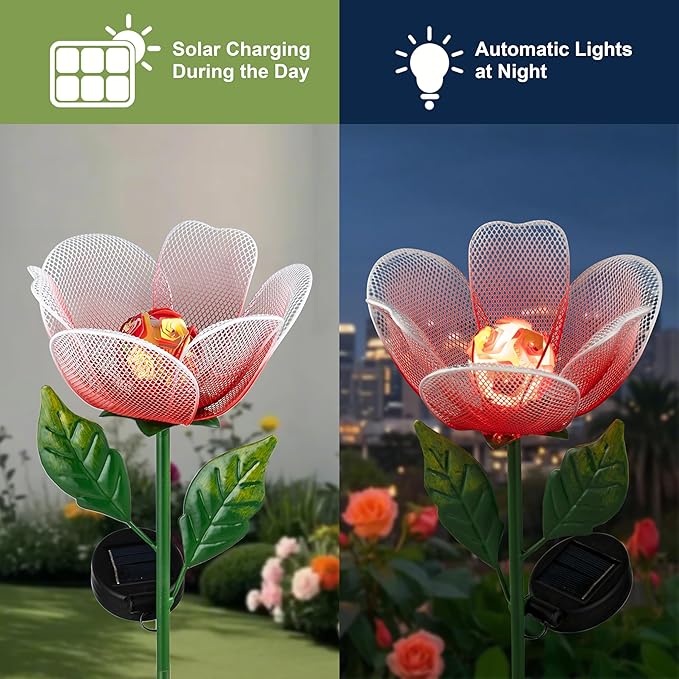 Flower Solar Lights for Outside,2 Pack Metal Flower Solar Lights for Outside,Tulip Solar Powered Garden Light Outdoor Decor,Housewarming Ornament for Patio, Lawn, Yard, Pathway (Breathing Light)