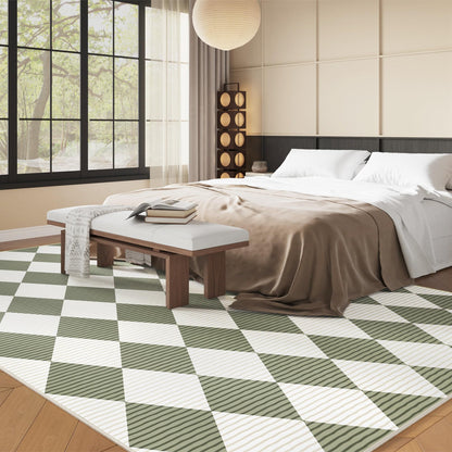 ARKIIKI 5x7 Washable Checkered Rugs for Bedroom, Green and White Area Rug for Living Room, Geometric Faux Wool Carpet for Kids, Girls, Boys Playroom, Dorm, Nursery, Dining Room, Kitchen, Non Slip