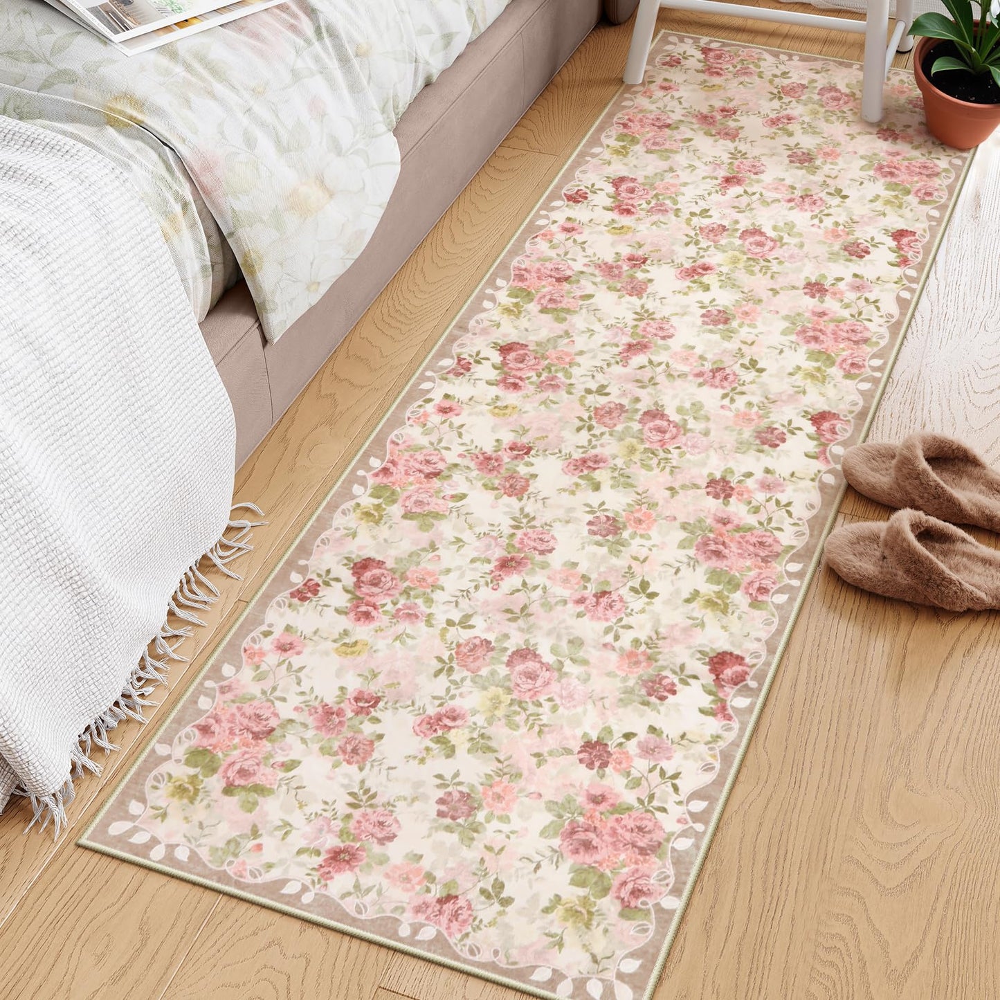 Lahome Floral Runners for Hallways Non Slip, 2x6 Washable Kitchen Runner Rug, Soft Boho Throw Carpet for Girls Bedside Bedroom Laundry Bathroom Nina Beige/Pink/Multi
