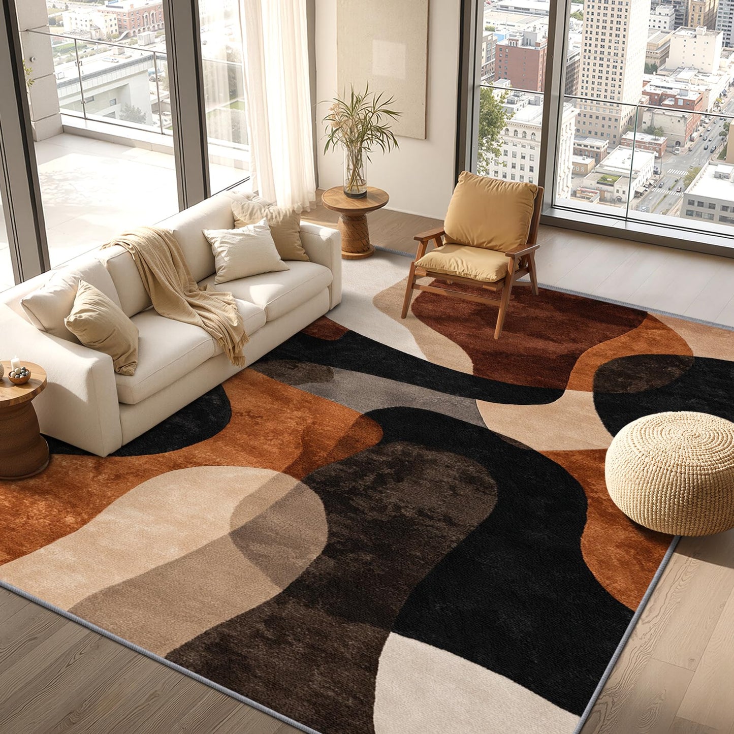 Phtbz Modern Abstract Rugs for Living Room - 7x9 ft, Earth Tone Geometric Rug, Brown Abstract Mid Century Rugs for Living Room Bedroom, Geometric Washable Area Rug Soft Carpet, Mid Century Decor