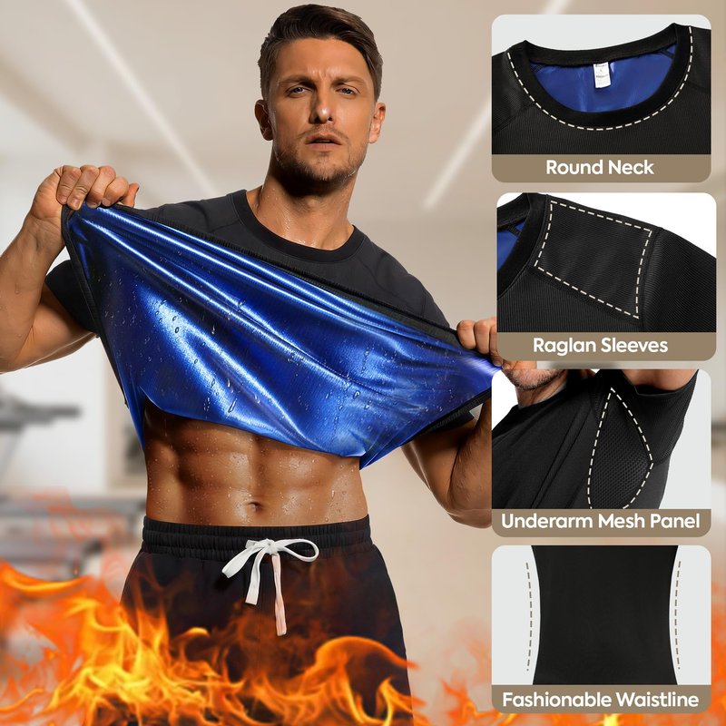 Men's Ribbed Sauna Shirt Short Sleeve Compression Waist Trainer Sweat Top Sauna Suit for Men Workout