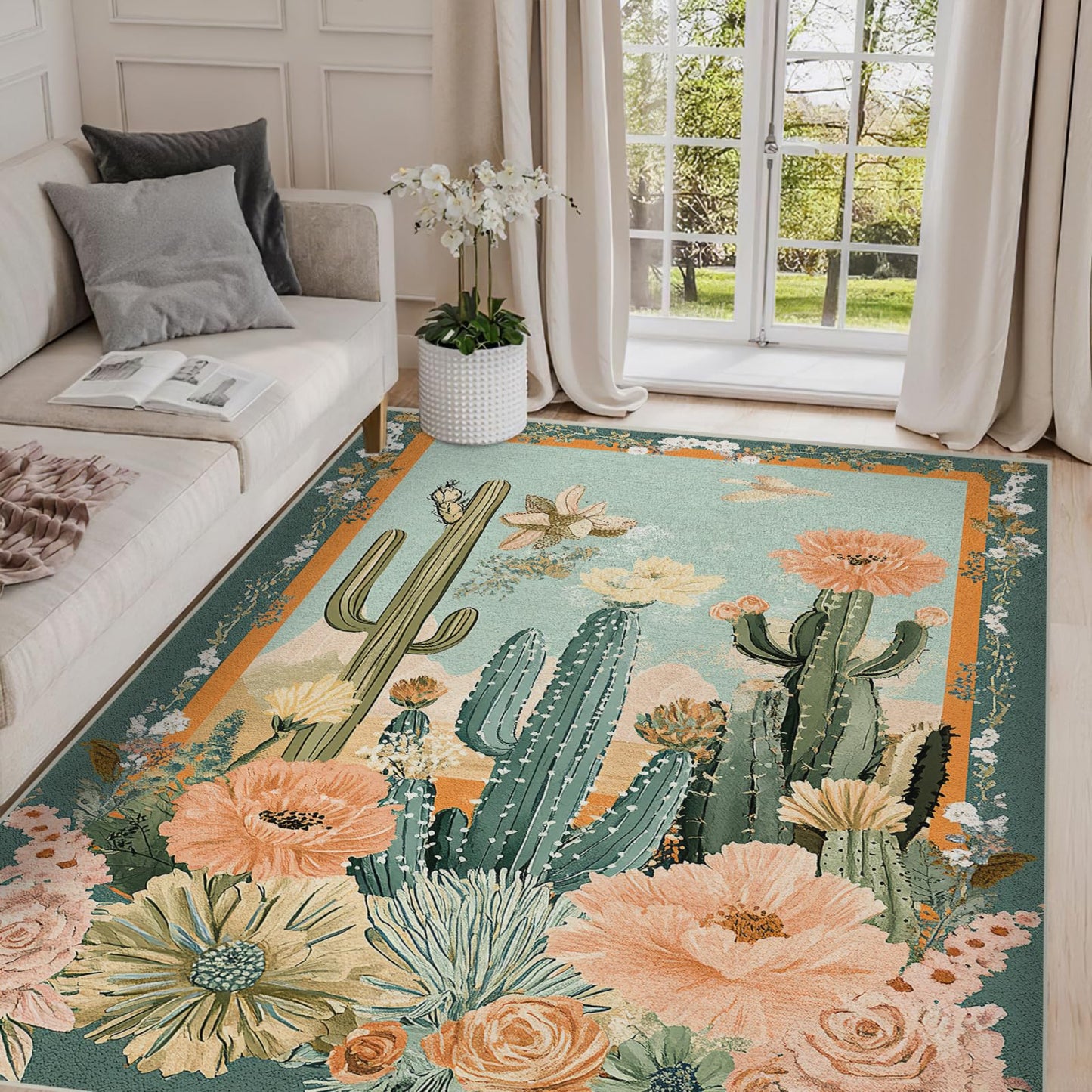 5x7 Cactus Flower Area Rugs Boho Tropical Floral Botanical Green Rug for Living Room Indoor Soft Non-Slip Thin Carpet Modern Abstract Rugs for Dining Room Bedroom Under Table Washable Machine