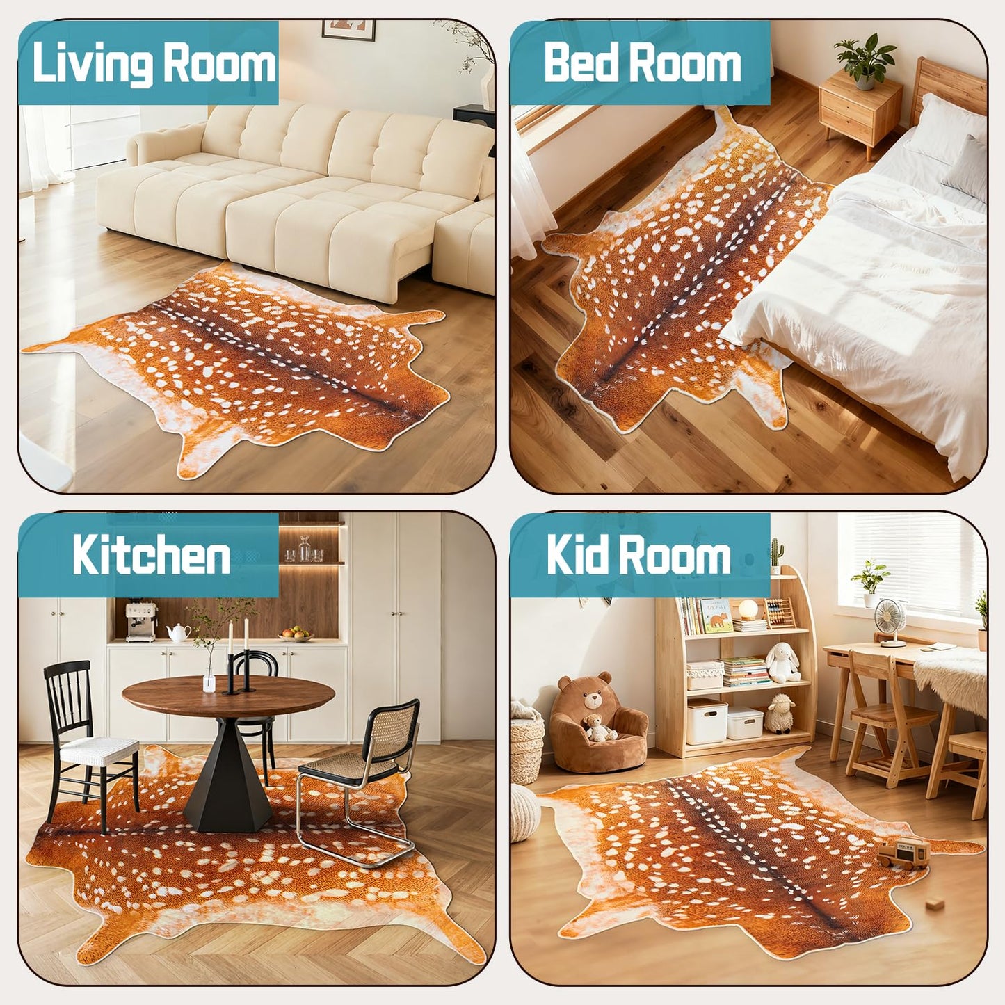 YulyreZome Deer Rug Faux Fur Deer Print Rug, 4.6x5.2 Feet Irregular Shaped Animal Hide Rugs, Soft Faux Cashmere Antelope Fawn Carpet for Living Room, Bedroom, Cabin, Lodge Western Home Decor
