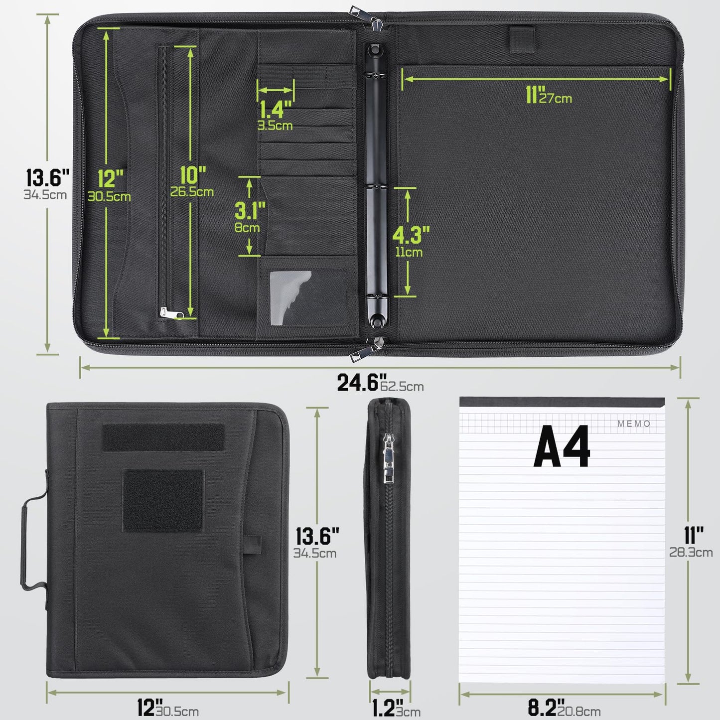 Livans Portfolio Padfolio Binder Detachable 3-Ring Planner, Zip Tactical Notebook Cover with A4 Letter Paper, Multi-Pocket Carry Bag for Gift, Out-Work, Travels, Office & School