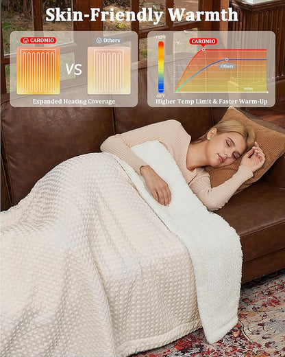 CAROMIO Heated Blanket Full Size, Waffle Weave Electric Blanket Throw with LCD Controller, Fast Heating, 10 Heat Levels & 1-12H Time Settings, ETL Certified, Machine Washable, Beige, 72" x 84"