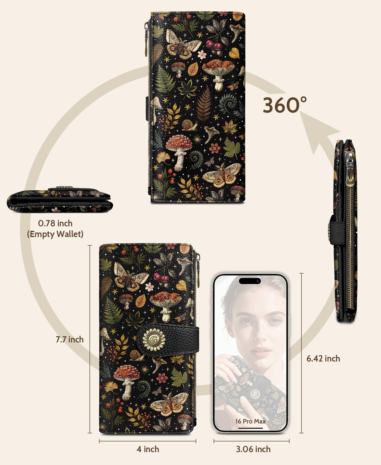 GIANCOMICS Butterfly Mushroom Womens Wallet RFID Blocking, Credit Card Holder Bifold, PU Leather Travel Billfold, Cute Cash Purse, Zipper Coin Pocket Clutch, 11 Card Slots, Ladies Gift Woman