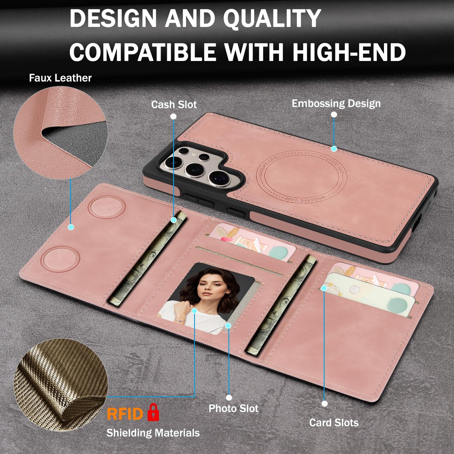 Godzoen for Samsung Galaxy S25 Ultra Wallet Case, 2-in-1 Detachable Magnetic Wallet Case, Card Holder RFID Blocking, Fashionable Faux Leather Card Slot & Folding Design (Pink)