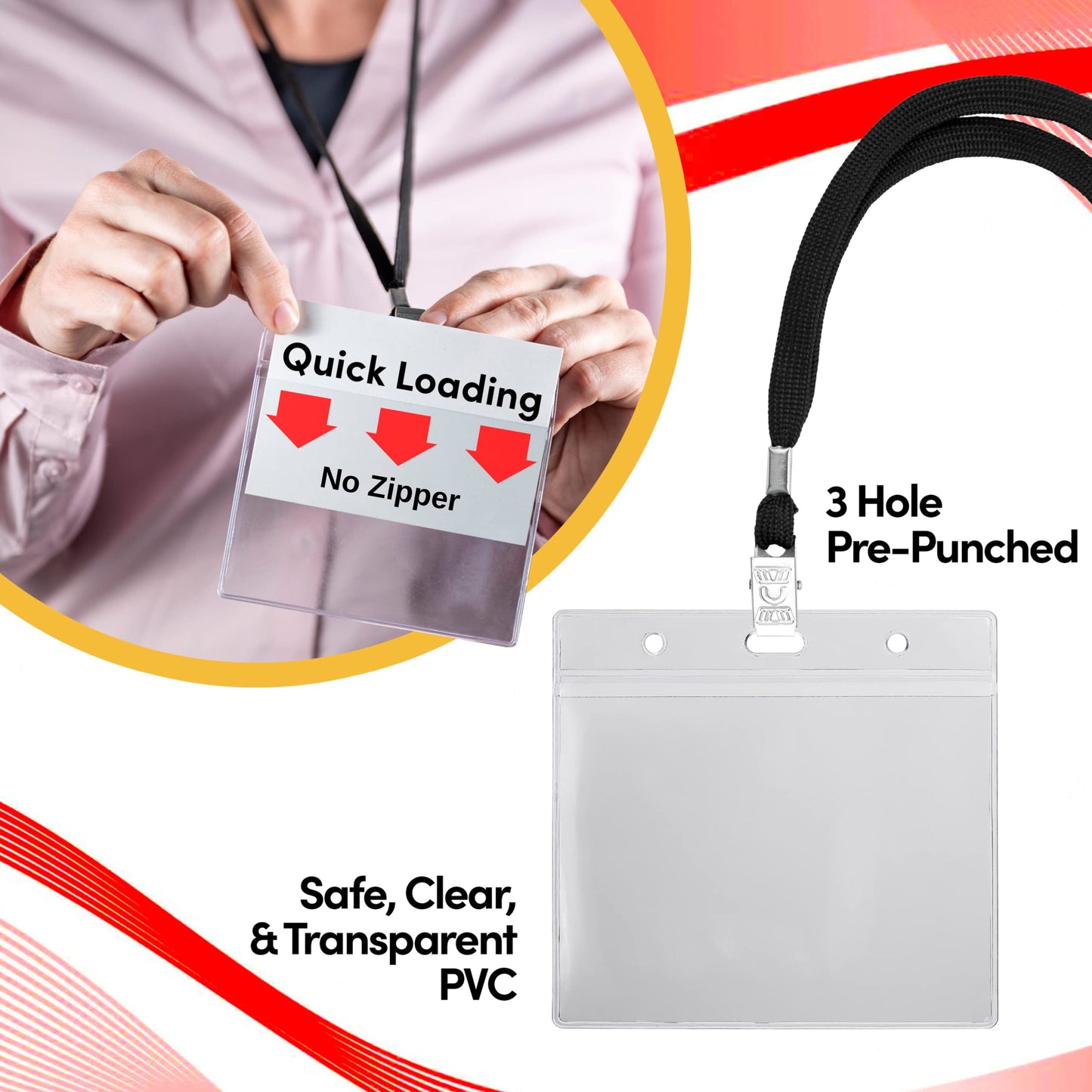 SEE-IT! 104 & 52 Qty Sets Badge Holders with Lanyards Name Tag Holders and Lanyards 3x4 Size Quick Load No Zipper Name Tag Badge id Holder Clear Plastic (104)