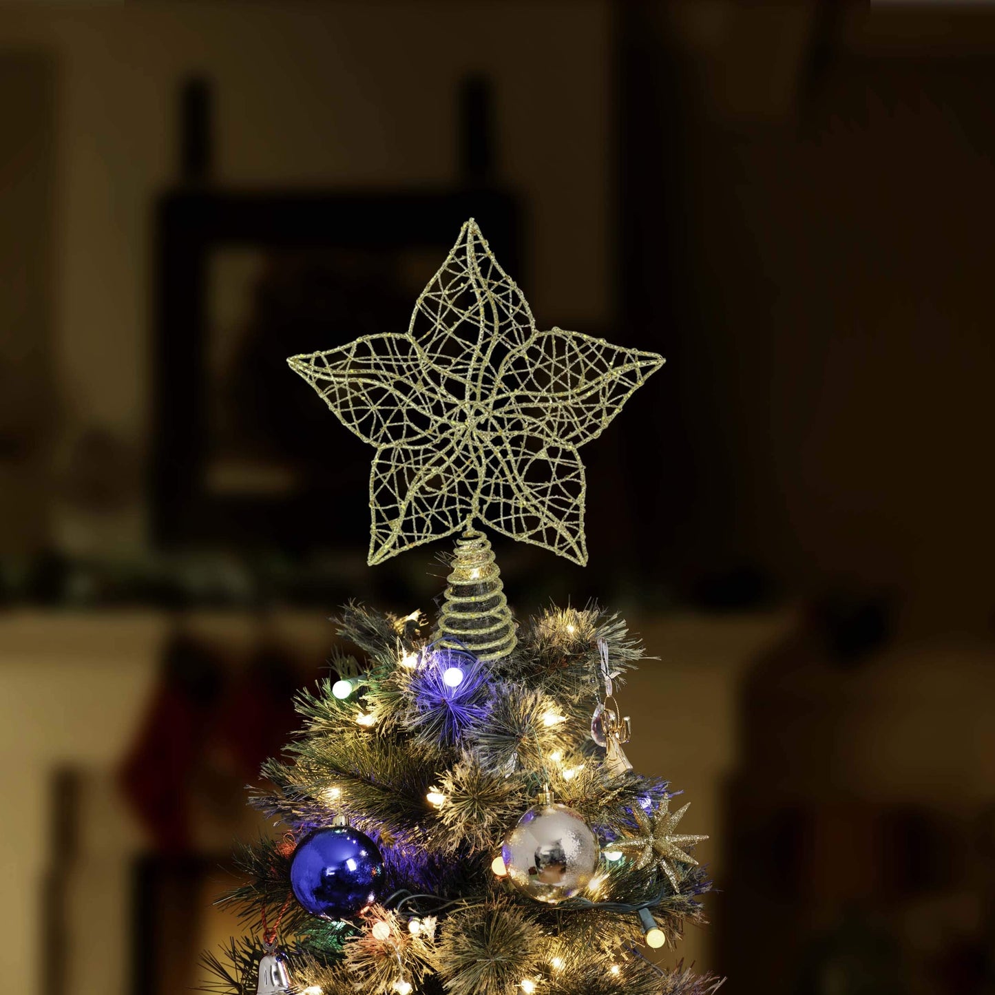 Ornativity Glittered Star Tree Topper - Christmas Gold Sparkle Wire Star Flower Leafy Petal Holiday Decor Xmas Trees Top Toppers Decorations 12"