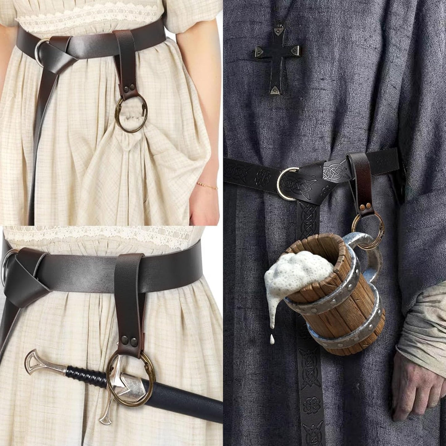 Medieval Back Sword Frog Holder Bracers Belt and Belt Pouch Viking Warrior Costume Renaissance Accessory Cosplay Props (Black)