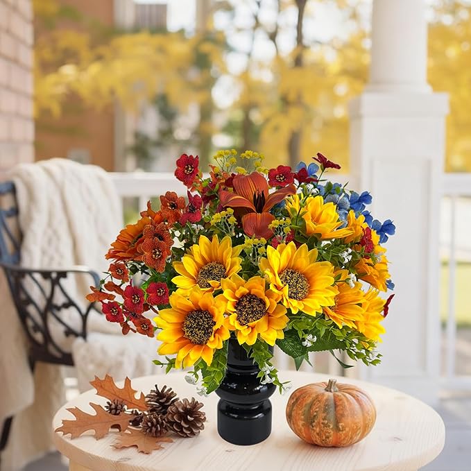 Fall Fake Flowers with Vase, Sunflowers Artificial Flowers, Faux Flowers in Vase for Centerpiece Table Decorations, Fake Plant Silk floral arrangements for Thanksgiving Home Coffee Kitchen Table Decor