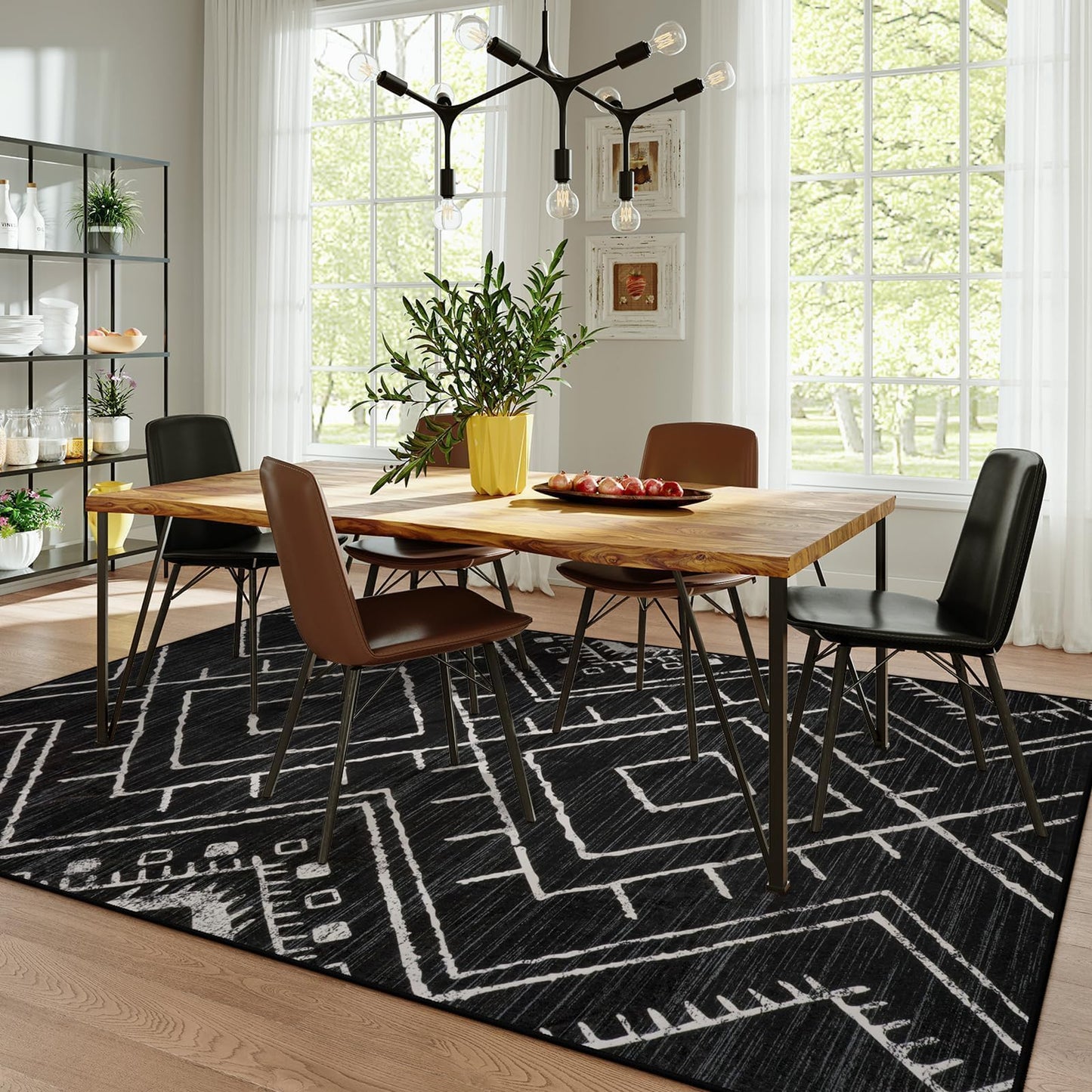 LIVEBOX Moroccan 8x10 Area Rug, Black Washable Rugs for Living Room Bedroom, Non Slip Western Tribal Rug Low Pile Geometric Large Area Rugs Diamond Carpet for Dining Room Home Office Decor Playroom