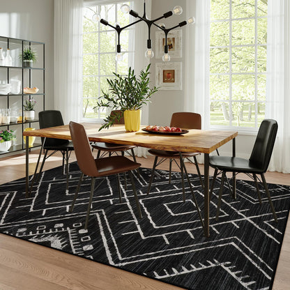 LIVEBOX Moroccan 8x10 Area Rug, Black Washable Rugs for Living Room Bedroom, Non Slip Western Tribal Rug Low Pile Geometric Large Area Rugs Diamond Carpet for Dining Room Home Office Decor Playroom