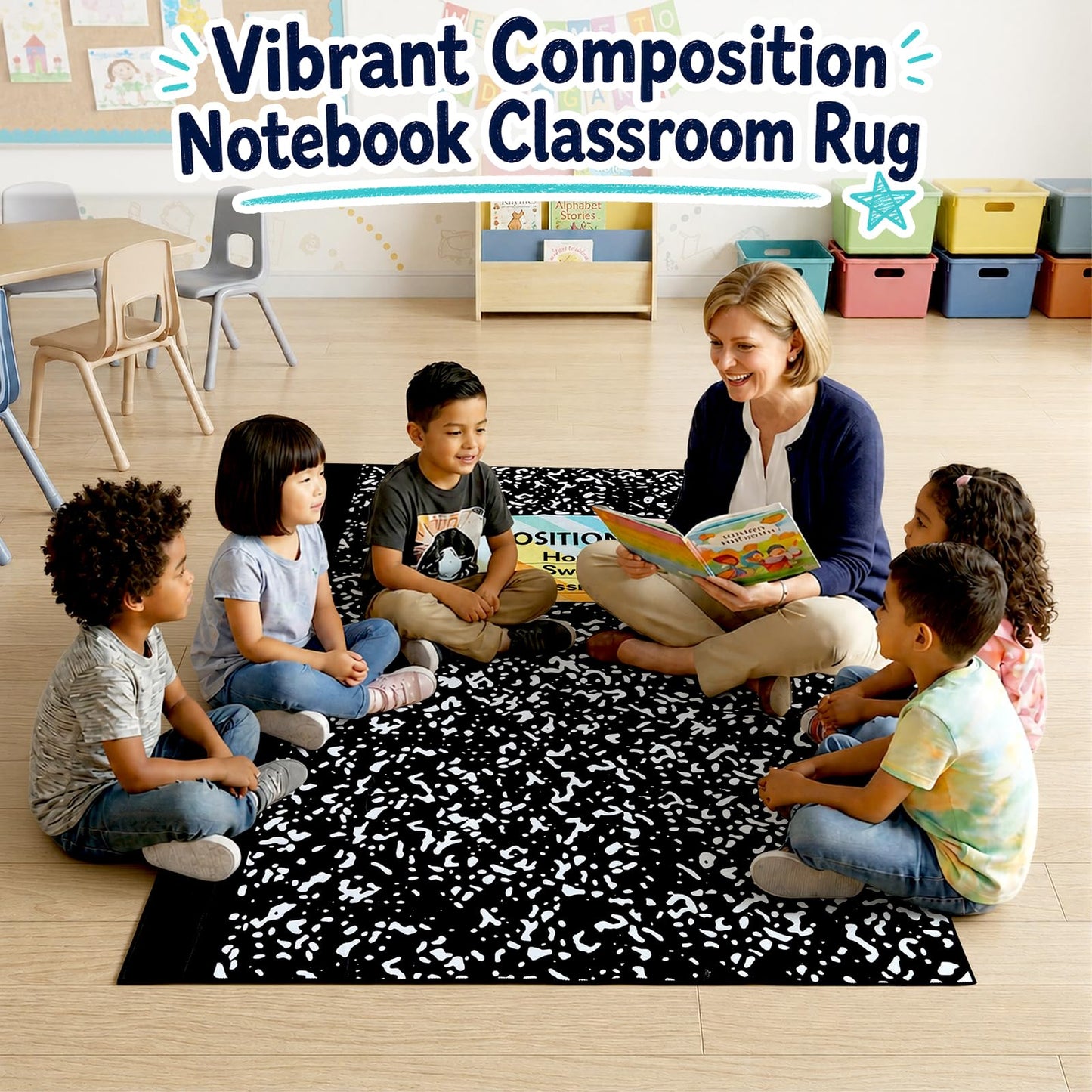 APUDWN Composition Notebook Classroom Rug 7x5 Ft Large Non Slip Educational Area Carpet Soft Back to School Floor Mat Decor for First Day Teacher Party Gift Nursery Playroom Homeschool Reading Corner