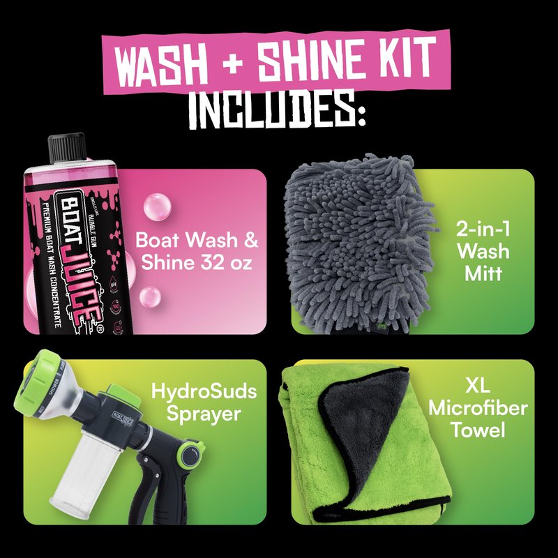 Boat Juice Boat Wash Kit | pH Neutral Soap Boat Cleaner | HydroSuds Sprayer, 2in1 Wash Mitt, XL Microfiber Towel | Bubble Gum Scent | Marine Detailing & Cleaning | Made in USA (32oz)