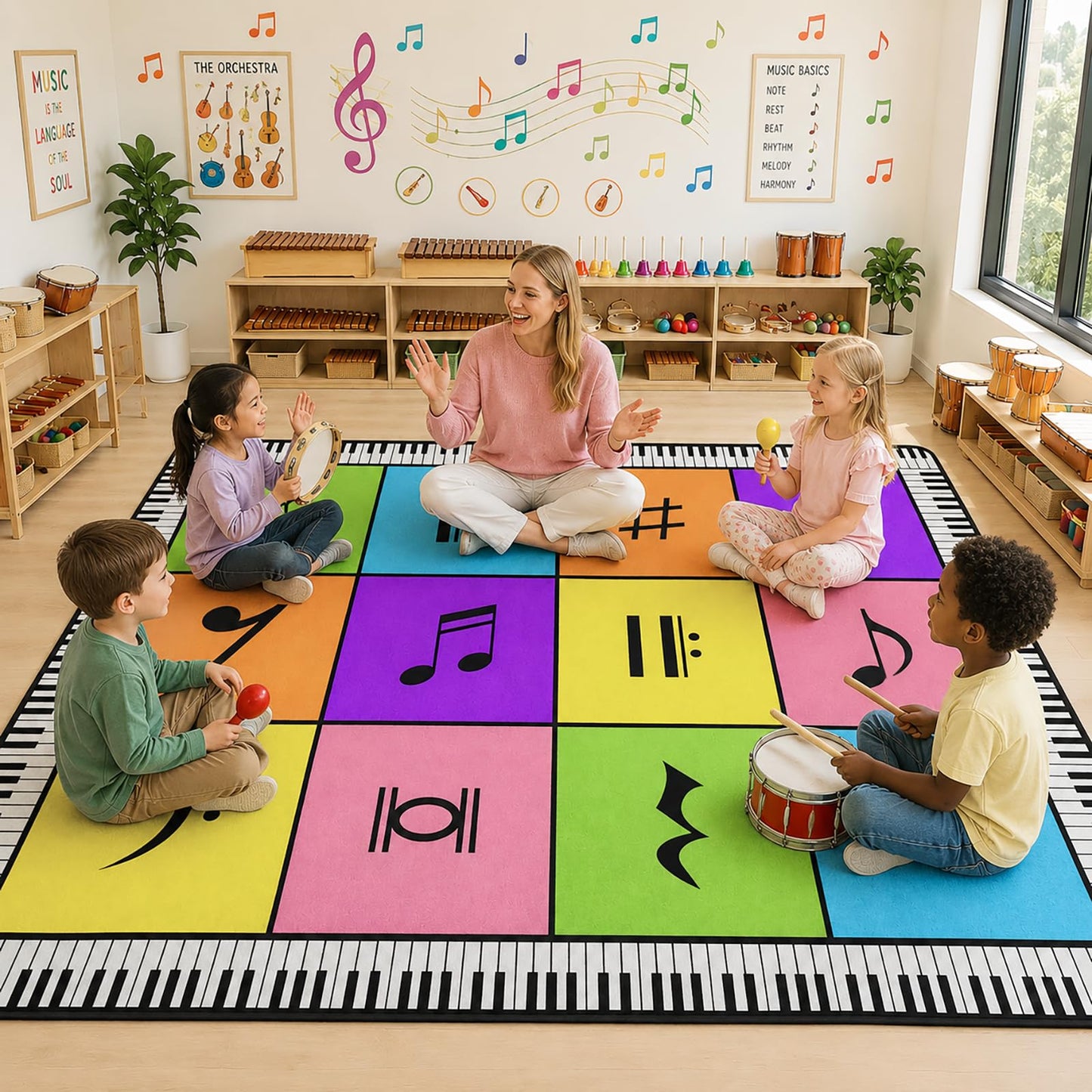 ALALAL Colorful Music Note Rug, Classroom Seating Rug with 12 Seats - 5x7 Ft Kids Playmat Rugs with Rubber Backing, Educational Carpet for Preschool Bedrooms Game Room Music Studio