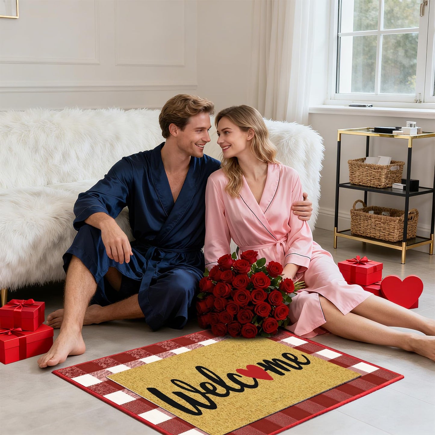 APUDWN 2 Pcs Valentines Day Welcome Doormat, Heart Welcome Door Mat Valentines Day Non Slip Coir Plaid Mat Layering Doormats Seasonal for Home Bathroom Front Porch Entryway Decor 24"x 32"