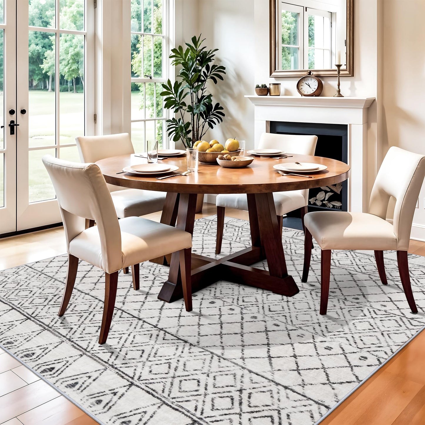 BYYVOO Washable 5x5 Rug Square Moroccan: Non-Slip Soft Indoor Throw Large Carpet - Low Pile Farmhouse Floor Mat for Living Room Bedroom Dining Room - Rugs for Young Families Home 5x5 Geo Grey