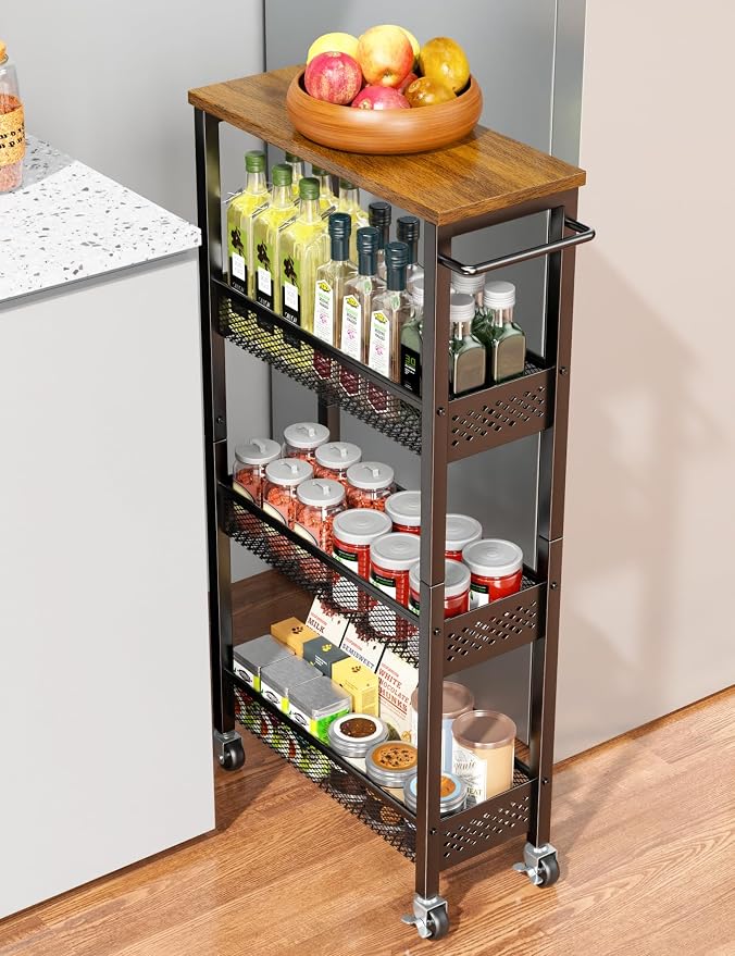 OKZEST Utility Slim Storage Cart, 4 Tier Small Rolling Kitchen Laundry Room Cart with Wood Top, Metal Narrow Bathroom Storage Cabinet Mobile Shelf Unit Organizer Trolley with Handle for Narrow Space