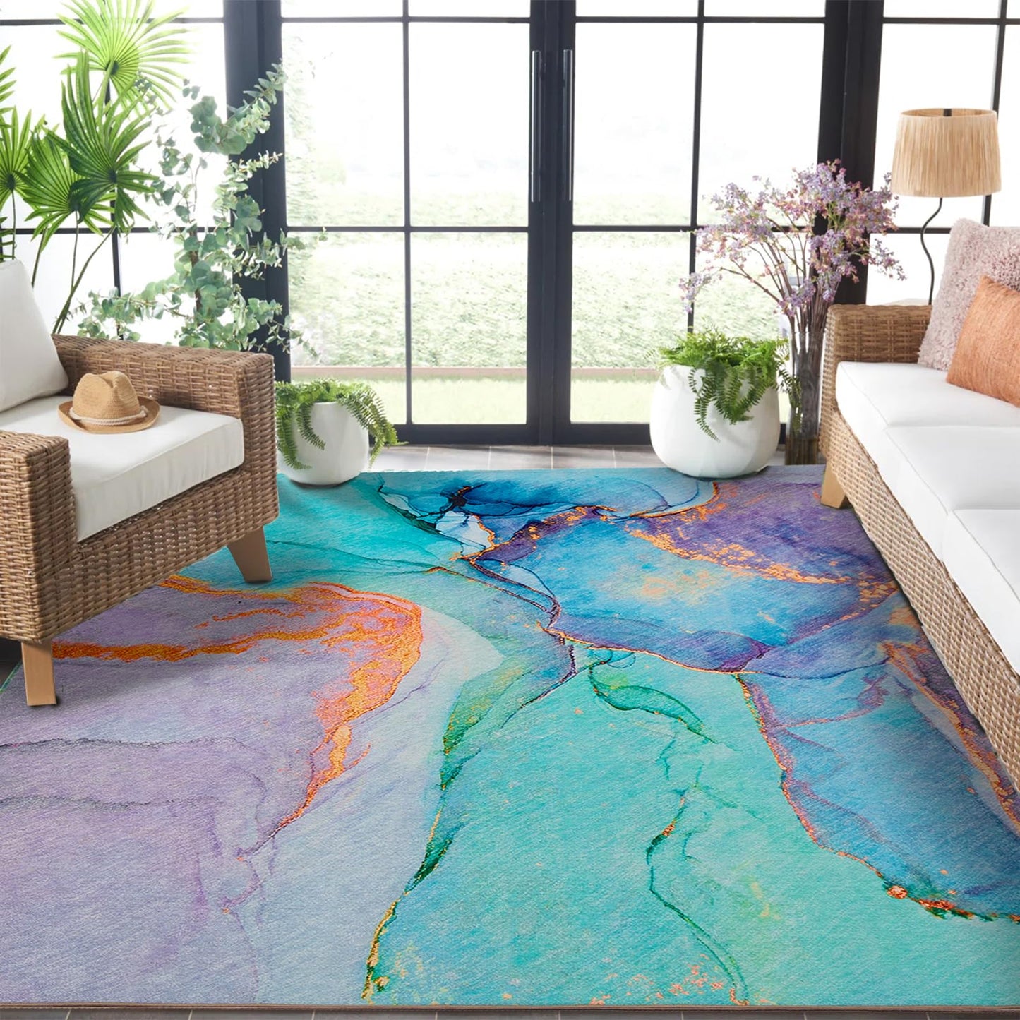 Abstract Washable Indoor Outdoor Rug, 5' x 7.6', Stain Resistant, Easy Clean, Teal Rug for Indoor/Outdoor Patio, Deck, Porch, Garden, Courtyard