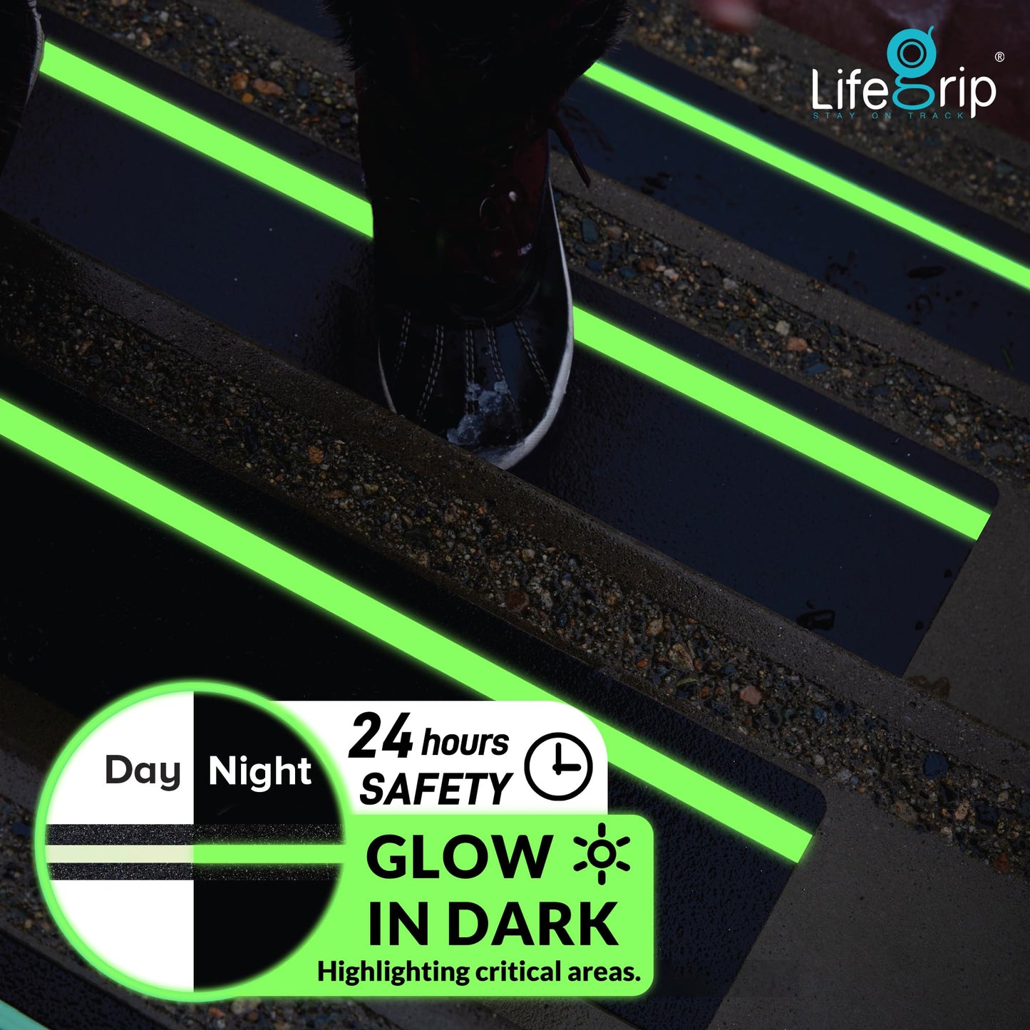 LifeGrip Anti Slip Traction Treads 10 Pack, 6"x32" with Glow in Dark Stripe, Best Grip Tape Grit Non Slip, Outdoor Non Skid Tape, High Traction Friction Abrasive Adhesive for Stairs Step