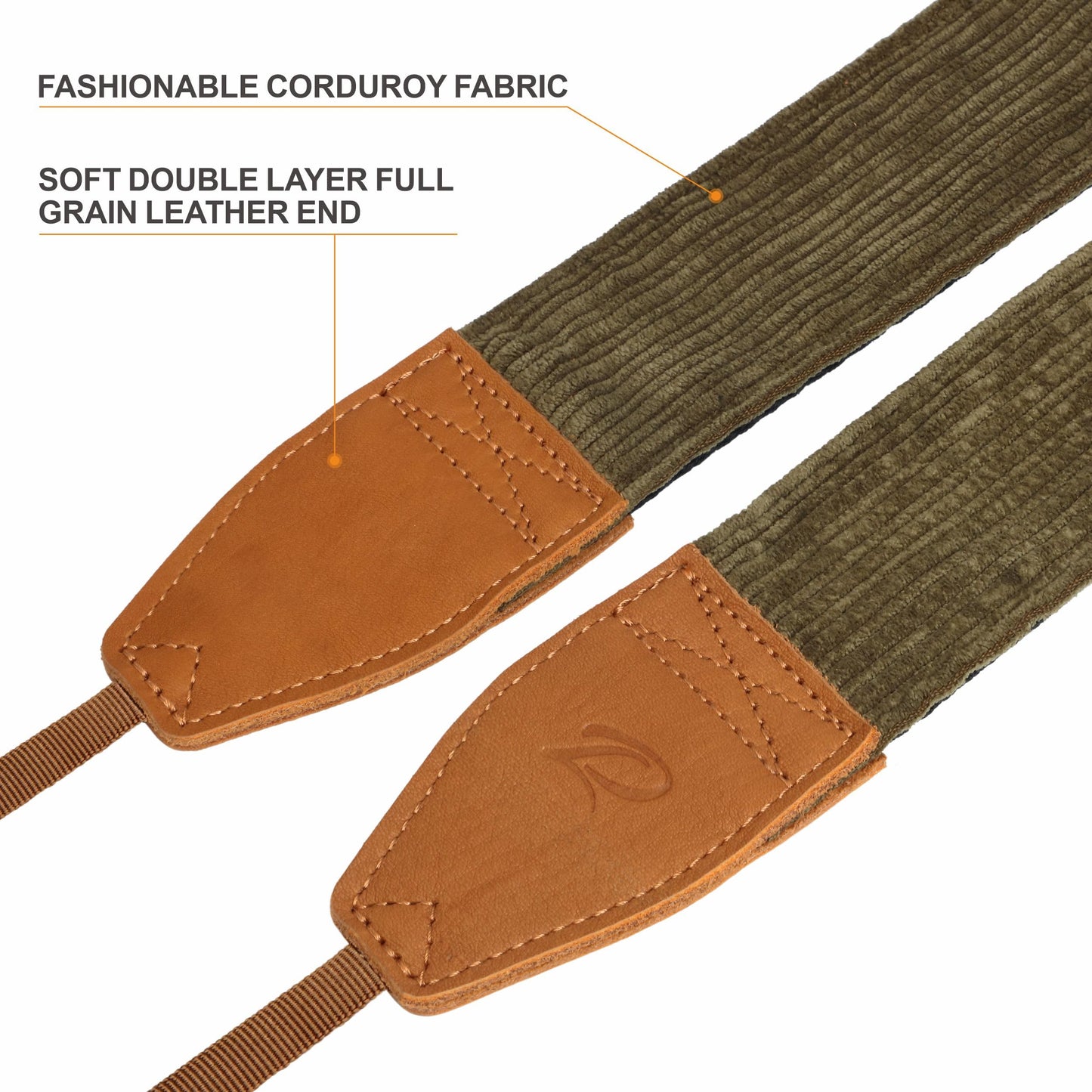 Padwa Lifestyle Olive Green Corduroy Camera Strap - 2" Double Layer Full Grain Cowhide Leather Head Camera Straps for Photographers, Unique Soft Corduroy Fabric with Quick Release fits all Cameras
