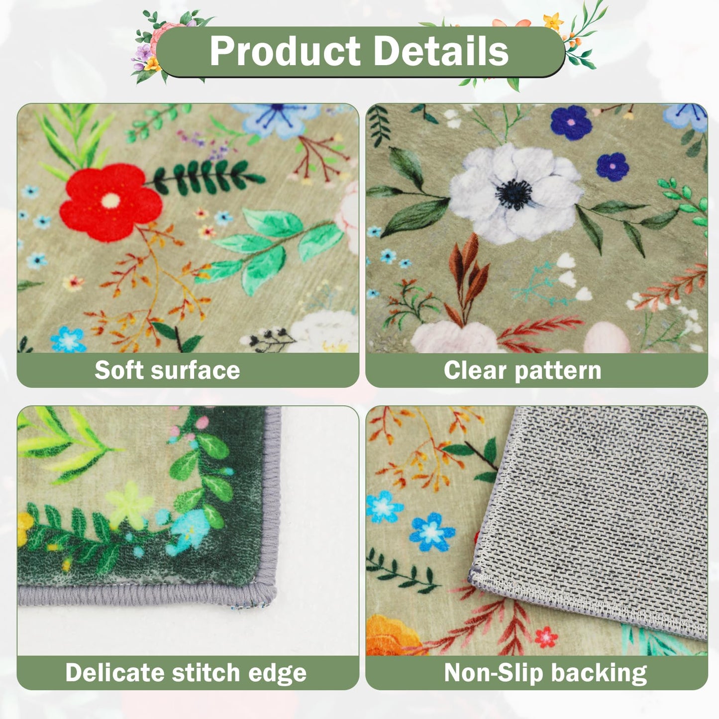 PCSWEET HOME Floral Kitchen Rugs Sets of 3 Non Slip Kitchen Rugs and Mats Washable Farmhouse Kitchen Rugs Spring Floral Kitchen Floor Mat Carpet Runner Rugs for Hallway Laundry Room, Green