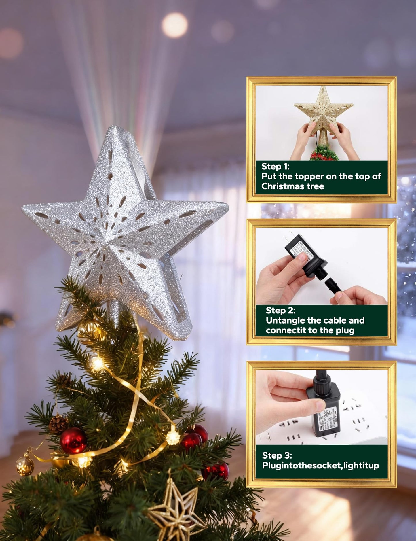 DG-Direct Christmas Tree Topper Lighted Star with 6 Projected Patterns,3D Hollow Sparkling Star Christmas Tree Topper with Rotating Magic Projector for Christmas Tree Ornament