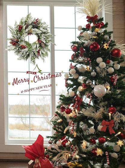 Artificial Christmas Wreath with Hanger for Front Door with Pine Cone, Red Berries, Burlap Ribbon & Snowflake, Indoor Outdoor Holiday Wall Windows Wreath Flocked with Mixed Decorations 23inch