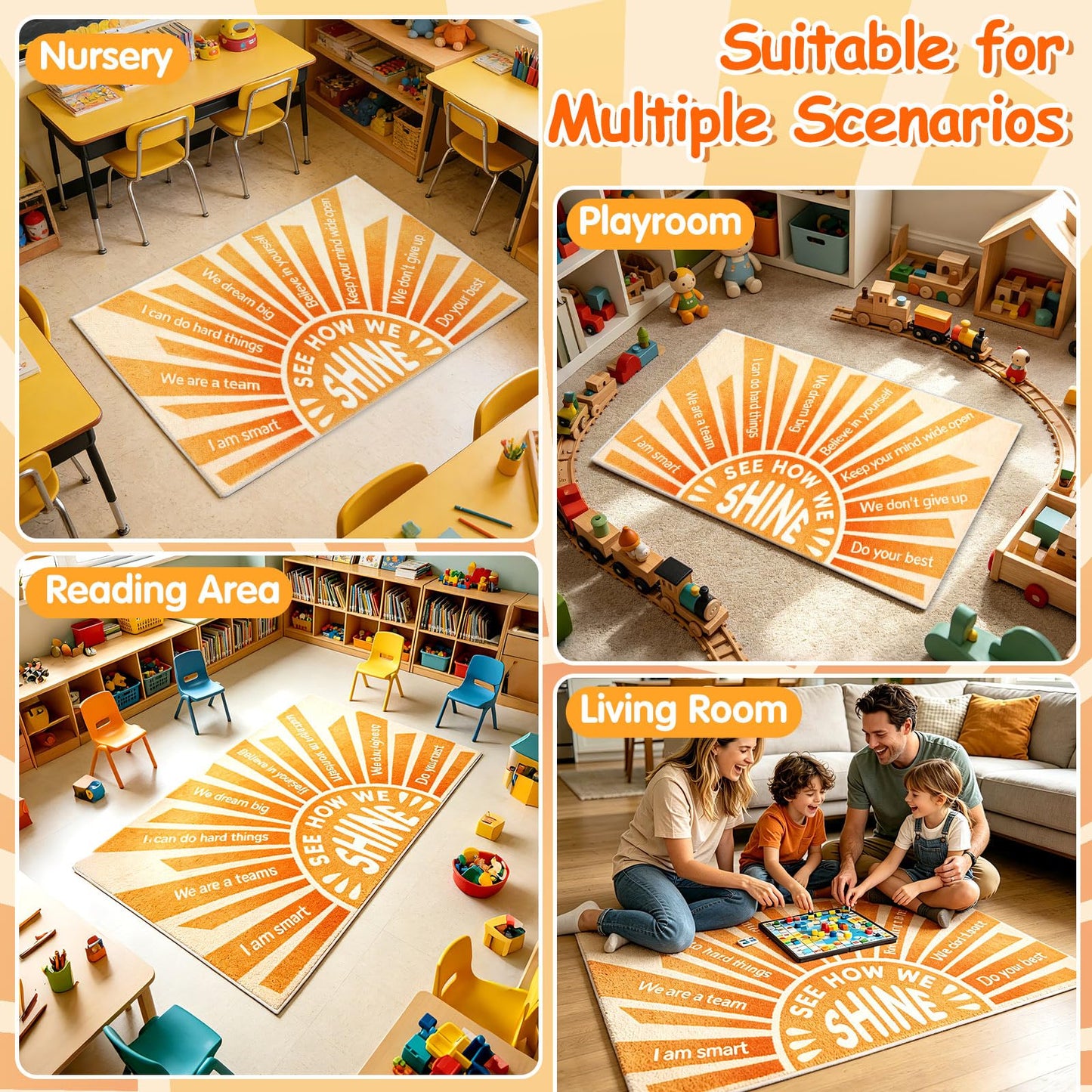 Positive Affirmation Classroom Rug 3'x5' Faux Cashmere Educational Learning Carpet with Sunshine Growth Mindset Quotes for Preschool Kindergarten Calm Down Corner Playroom Reading Living Room Decor