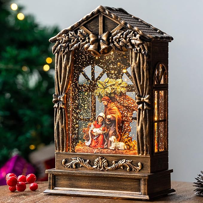 Christmas Snow Globe Swirling Glittering Holy Family Manger Scene, USB Lined/Battery Operated Lighted Water Lantern for Christmas Festival Decoration Gifts