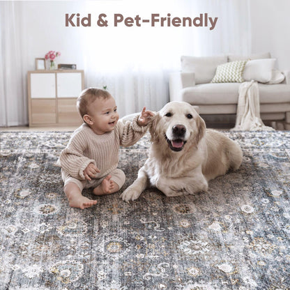 Rugcomf 8x10 Rug Washable Boho Soft Large Area Rug Non-Slip Faux Wool Vintage Rug for Living Room, Farmhouse, Dining Room, Indoor, Kids Playroom (Grey)
