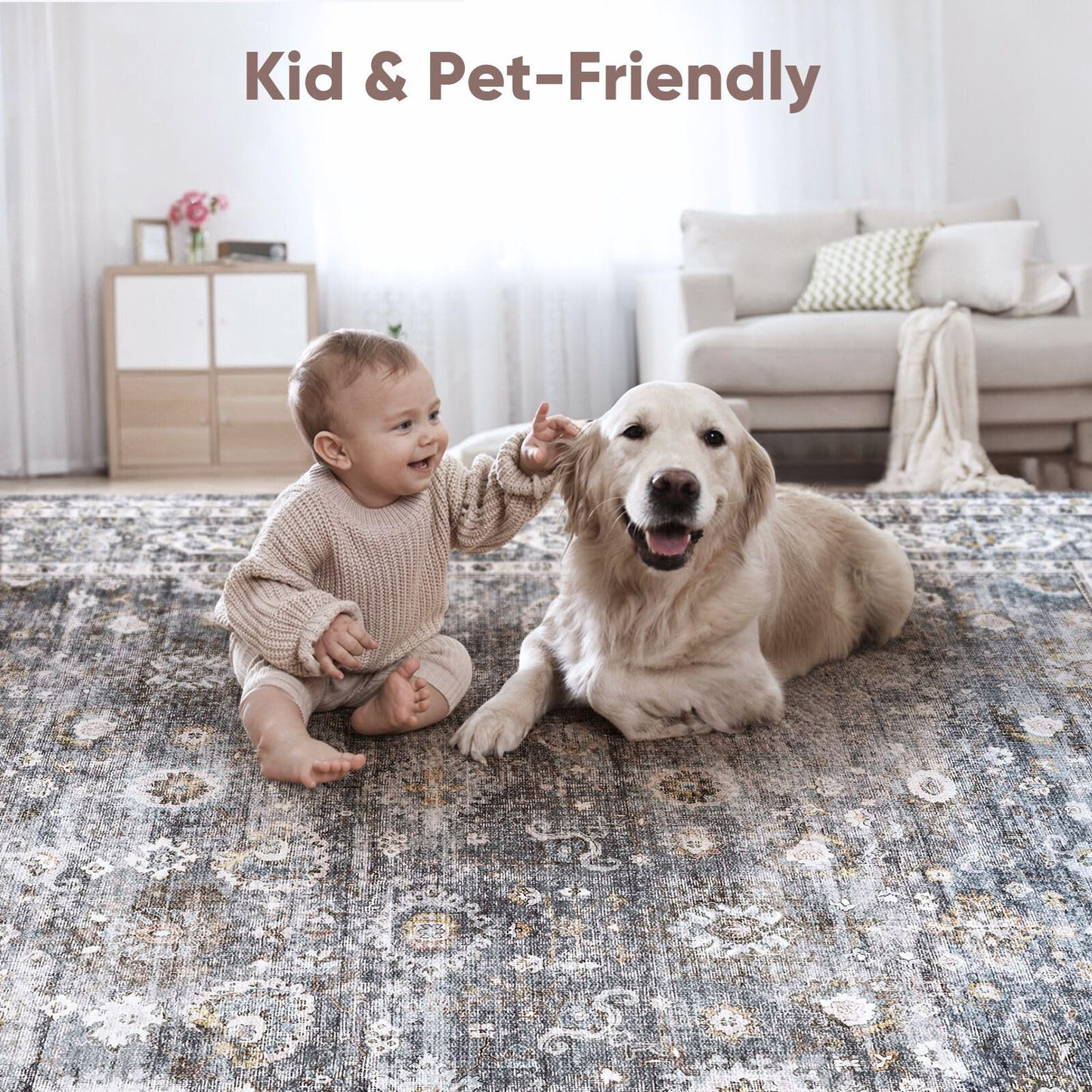 Runner Rug Hallway Runner Rug Washable Kitchen Runner Rugs with Rubber Backing 2'6''x8' 100% Polyester Vintage Rug for Entryway Indoor, Kitchen, Laundry, Bedroom (Grey and Brown)