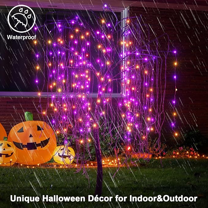 LIGHTSHARE 7 Feet Halloween Willow Tree, 256 LED Lights for Home, Festival, Nativity,Party, and Christmas Decoration,Includes Spiders and White Cobweb,Indoor Outdoor Use,Orange & Purple