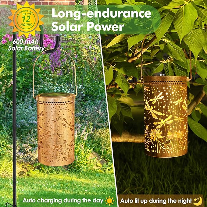 Fabuday Dragonfly Lotus Outdoor Solar Lantern Waterproof - Hanging Solar Power Lights Led for Outside, Garden Decor for Patio, Porch, Balcony, Yard and Deck, Gardening Decorations Gifts for Women Mom