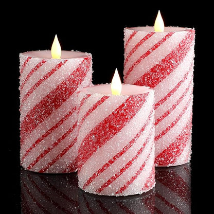 Baquler 3 Pcs Christmas Flameless Pillar Candles LED Candy Cane Peppermint Stripe Red and White Glitter Battery Operated Candles for Xmas Holiday Centerpiece Home Party Decor