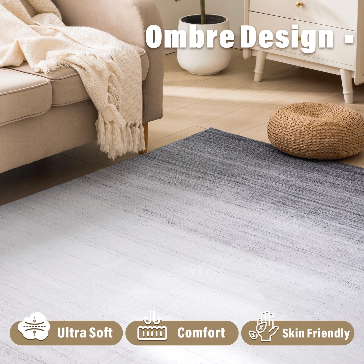 Carvapet 5x7 Ombre Grey Area Rug - Modern Low Pile Carpet Non Slip Rubber Backing, Washable Foldable Thin Decorative Living Room Rug for Bedroom