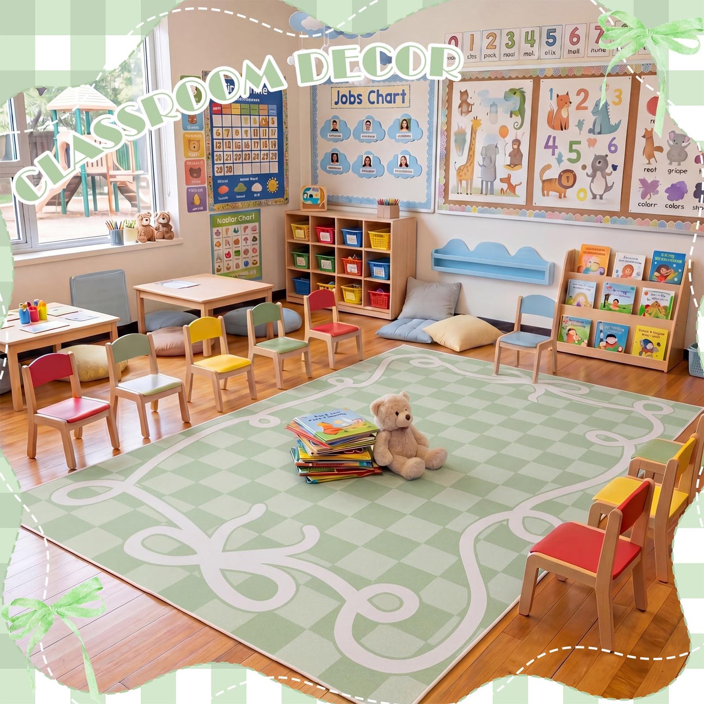 Klyyo Clyro Back to School Decoration Classroom Area Rug Green Bow Border Check Classroom Educational Area Rug for Kids, Children's Schoolroom for Teaching and Playroom, 5 x 7.6 Ft, Seats 20