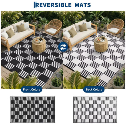 Garvee Waterproof Outdoor Rug 5x8, Checkered Foldable Plastic Straw Patio Camping Rug, Outdoor RV Carpet for Deck Camper Porch Balcony Backyard Picnic Beach Black and White