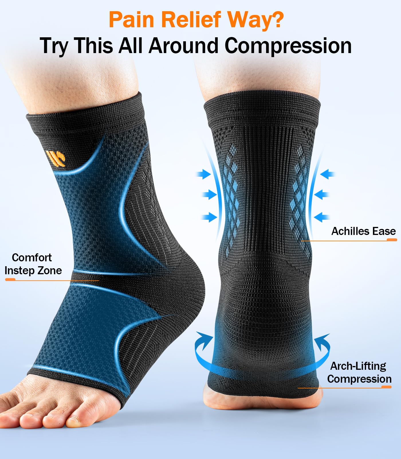 WHCOOL Low-Profile Ankle Braces for Women & Men, Customizable Ankle Compression Sleeve w/Wide Strap, Foot Support Wrap for Plantar Fasciitis Pain Relief, Achilles Tendonitis, Sprain, Black, 1 Pair, L