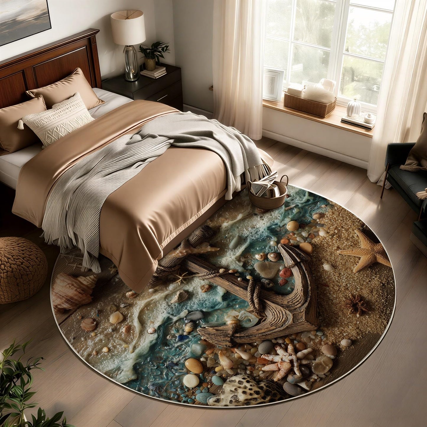 Coffee Table Rug Round Coastal Anchor Beach Seashell Mat, 5ft Ocean Wave Sand Floor Carpet for Living Room Bedroom Reading Nook, Nautical Driftwood Pebble Starfish Decorative Piece