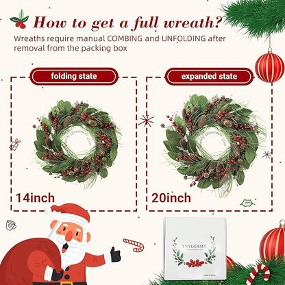 YNYLCHMX 20 Inch Winter Wreath for Front Door, Winter Wreaths with Magnolia Leaves Red Berries Pine Cones, Artificial Door Wreaths for Outdoor Indoor Farmhouse Windows Wall Holiday