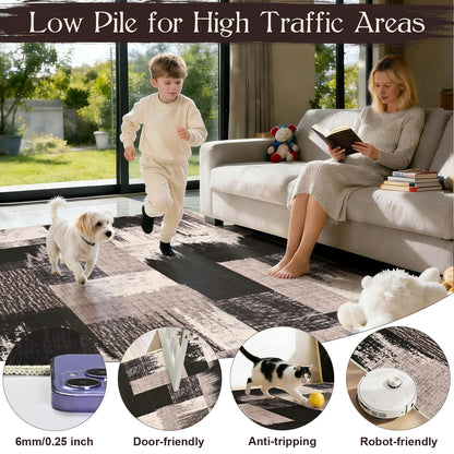 Yinhua Modern Geometric 8x10 Area Rugs, Patchwork Brown Rugs for Living Room Washable Abstract Rug Non Slip, Low Pile Bedroom Rug Stain Resistant, Mid Century Carpet for Dining Room, Office